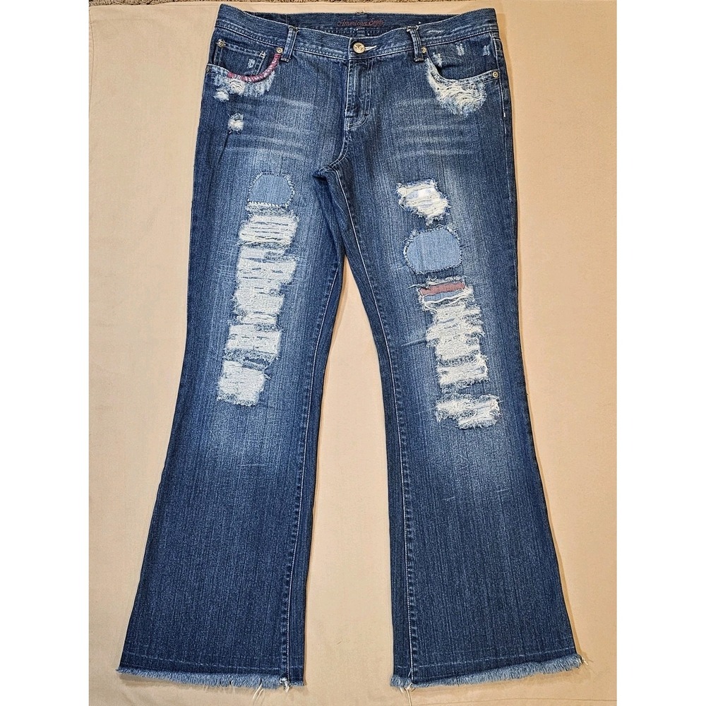 American Eagle‎ Womens 14 Hipster Skinny Flare Jeans Distressed Patches Raw Hem